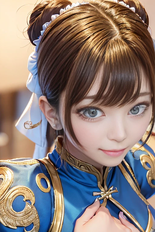 Chun-Li from Street Fight II,The perfect Chun-Li costume,Blue Chinese dress with gold lines,Bunhead,Good cover,Fighting Pose,masterpiece、1 beautiful girl、Beautiful Eyes、Puffy eyes、Highest quality, 超High resolution, (reality: 1.4), Cinema Lighting、Japanese、Asian Beauty、Korean、so beautiful、Beautiful Skin、Body facing forward、Face close-up、(超reality的な)、(High resolution)、(8k)、(Very detailed)、(美しくBeautiful Eyes)、(Very detailedな)、 (wall-)、Detailed face、Bright lighting、Professional Lighting、Looking at the audience、Look straight ahead、Diagonal bangs、Nogizaka Idol、Korean Idol、masterpiece, Highest quality, masterpiece, Highest quality, Perfect Face, Perfect brown eyes with white sclera, Bad move -5, alone, 1 girl, Upper Body, Brown Hair, From SF2, Chinese Language Services, smile, Muscular Woman, Blue clothes, pantyhose, Pelvic Curtain, puffy short sleeve, Good cover, sash, evaluation:safety