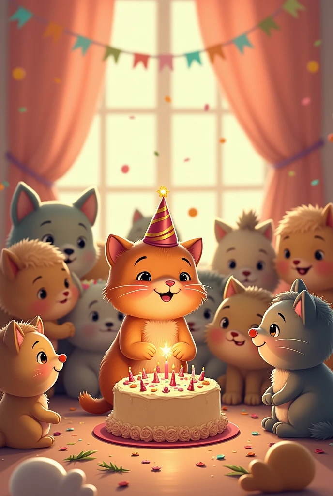 MEETING OF A KITTEN WITH MANY ANIMALS CELEBRATING A BIRTHDAY IN CARTOON