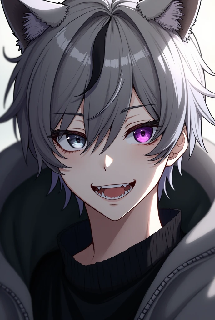 Create for me a character with monochrome, one eye purple and the other gray, his hair is gray with a small streak of black, he makes him smile with wolf fangs, the character is male and I want it in the anime genre