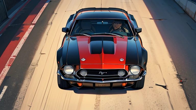 (masterpiece, super detail, high details, high quality, best quality, highres), (wide shot, from above, atmospheric perspective), Carro mustang mach 1 1971, vermelho, com lista preta no capô, e lista preta na lateral, Cidade futurista ao fundo.