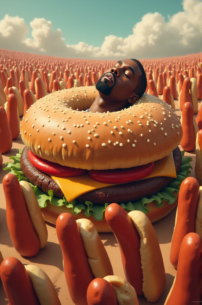 Kanye West lying on a hamburger in a world of hot dogs