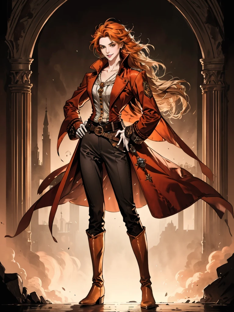 A beautiful woman with long flowing orange hair, exquisite facial features, A playful smile, confident eyes, a tall figure, a two-piece costume-style pirate coat, yellow as main color, complemented by red details, long wrist protection gloves on hands, a golden belt at the waist with a short hem, leather pants, Knee-high boots, standing with hands on hips in front of a medieval-style fantasy port tavern, This character embodies a finely crafted fantasy-style female pirate in anime style, exquisite and mature manga art style, High definition, best qualityer, high resolution, ultra detali, ultra-fine painting, extremely delicate, proffesional, anatomically correcte, symmetrical face, extremely detailed eye and face, high quality eyes, creativity, CRU photo, ultra HD, 8k, naturallight, cinematic lighting, work of art-anatomy-perfect, work of art:1.5