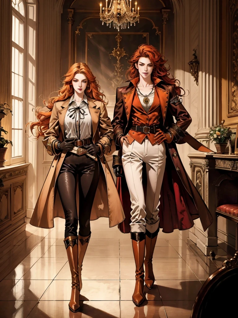 A beautiful woman with long flowing orange hair, exquisite facial features, A playful smile, confident eyes, a tall figure, a two-piece costume-style pirate coat, yellow as main color, complemented by red details, long wrist protection gloves on hands, a golden belt at the waist with a short hem, leather pants, Knee-high boots, standing with hands on hips in front of a medieval-style fantasy port tavern, This character embodies a finely crafted fantasy-style female pirate in anime style, exquisite and mature manga art style, High definition, best qualityer, high resolution, ultra detali, ultra-fine painting, extremely delicate, proffesional, anatomically correcte, symmetrical face, extremely detailed eye and face, high quality eyes, creativity, CRU photo, ultra HD, 8k, naturallight, cinematic lighting, work of art-anatomy-perfect, work of art:1.5