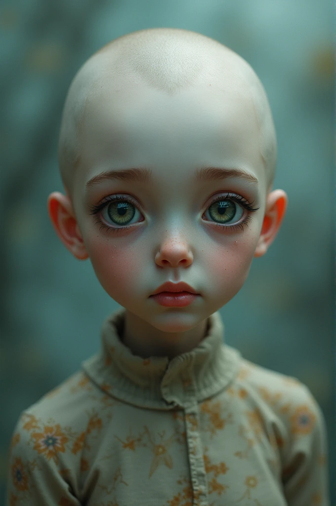 A white-haired boy with a mushroom cut with white skin,Golden eyes staring straight ahead