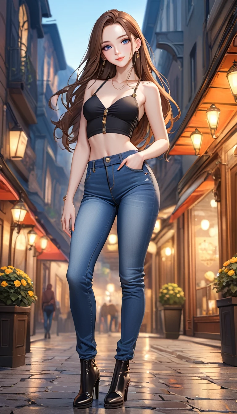 ((best quality, masterpiece:1.3, 8K)), (detailed), highly detailed face and skin texture, detailed eyes, full body, outdoor, (slender body:1.1), 1girl, (solo), (18+ years old), white skin, bright lips, seductive smile, long hair, forehead, brown hair, straight hair, glam outfit, medium breast, (jeans pants),