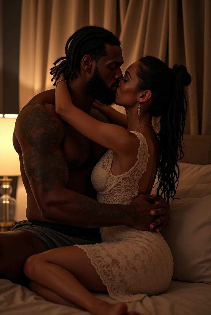 photorealistic, African American couple, man and woman, kissing, beautiful, dark skin, sexy, (Best quality, 8k, 32k, Masterpiece, UHD), no bra, no shirt, naked, 32K wallpaper, romantic background, (a woman with a big ass, voluptuous, and thick body figure), big lips, glowing skin, nighttime, candles and roses around, sweaty, dripping wet, passion, affectionate, hearts floating everywhere