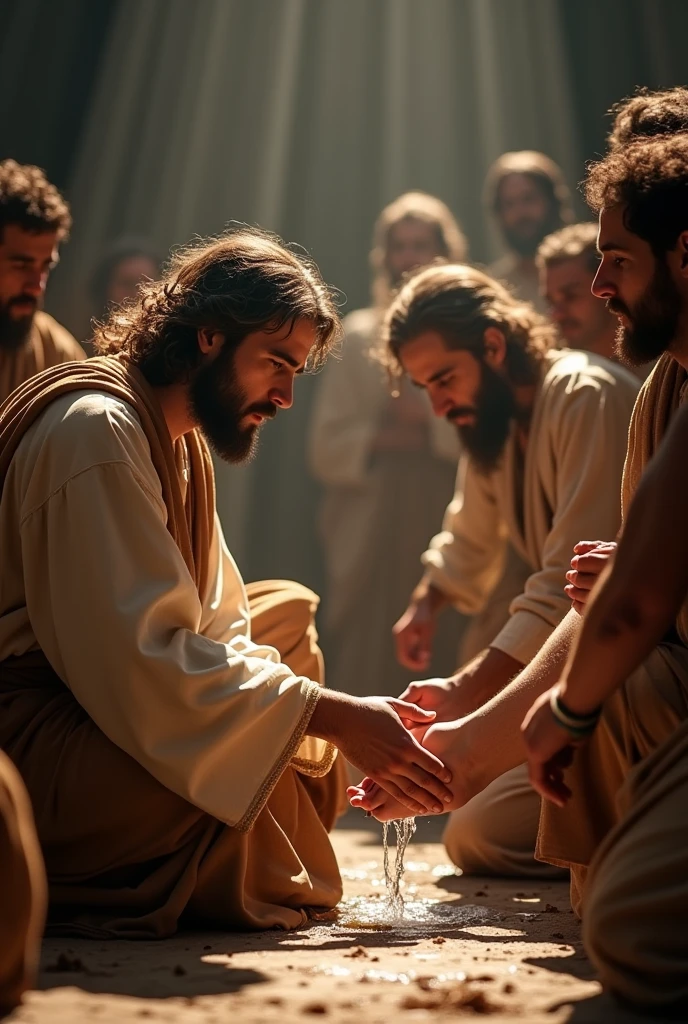 Here's a prompt command that describes Jesus Christ washing His disciples' feet:
"Describe the scene where Jesus Christ washes His disciples' feet during the Last Supper. Focus on the humility and significance of this act, the reactions of the disciples, and how this moment embodies the teachings of service and love in Christian faith."