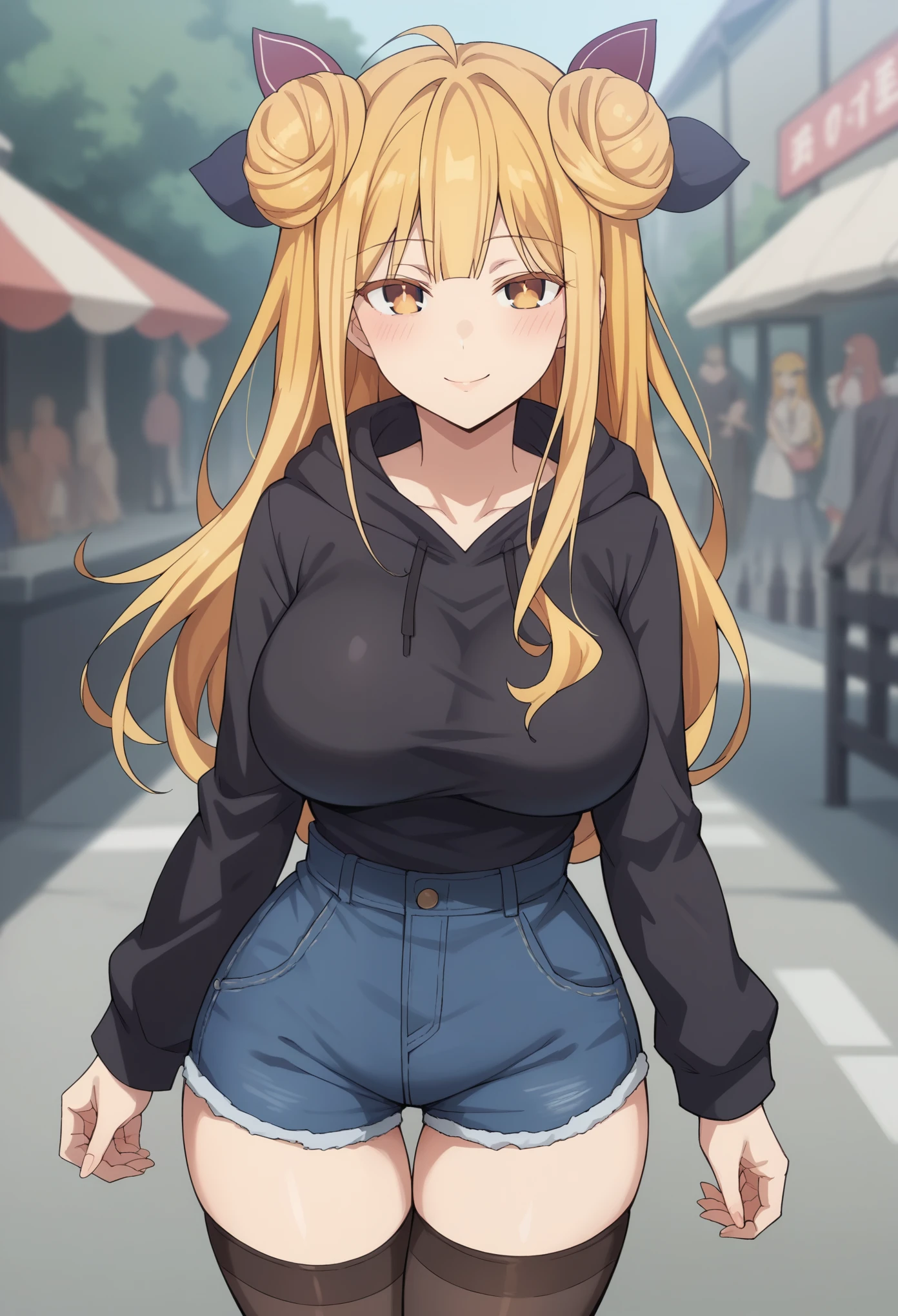 Score_9, Score_8_up, Score_7_up, ASCII masterpiece, source_anime, BREAK, 1girl, solo, mukurohoshimiya, mukurohoshimiya, bangs, blunt bangs, hime cut, medium hair , blonde hair, yellow eyes, double bun, blush, ((slim waist, wide hips, beautiful skin, beautiful eyes, big breasts, attractive woman, super sexy woman, lustful body, sexy woman with seductive obscene body, sensual body, body voluptuous, sexy beauty,)), sexy denim shorts Thigh-high stockings, black hoodie, standing, blushing, seductive smile, street background, sexy pose,