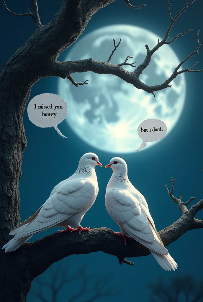 Moonlit Confession, 2 Doves sitting on a branch of a majestic tree under moonlight, 2 talking bubbles, talking bubble on left says "I missed you honey", talking bubble on the right says "but i dont"