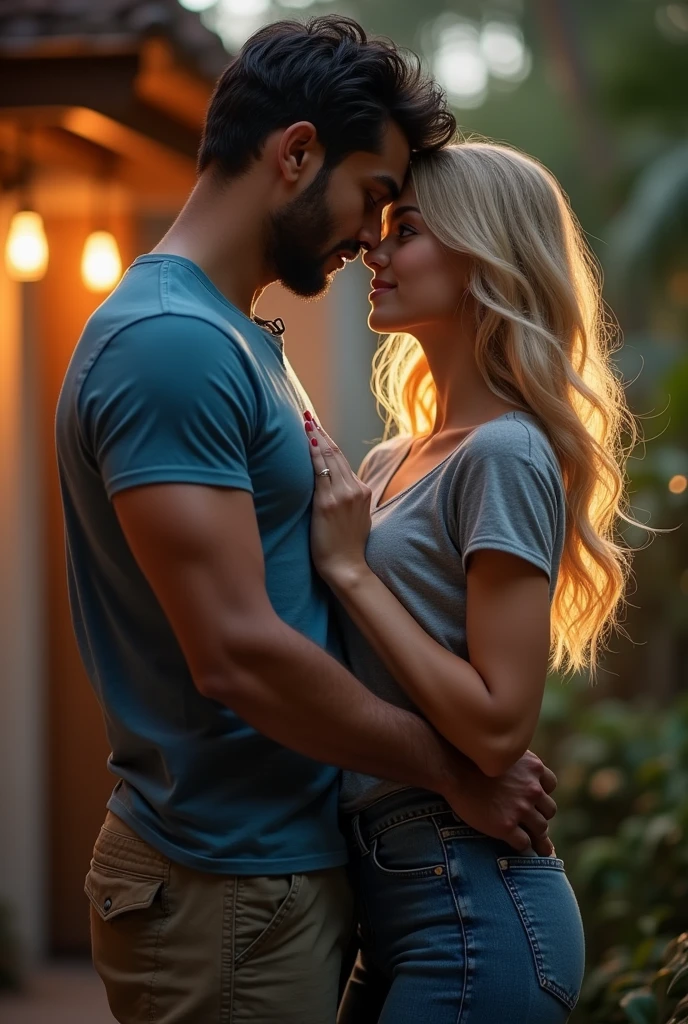 a guy kissing his partner his hand is on her butt n other hand on her brest they are looking in eachother eyes boy wear blue t-shirt n cargo pant n girl wear grey full t-shirt n a denim gens guy is indian n girl is english with blonde hair guy is 5'8 ft n girl is 5'2