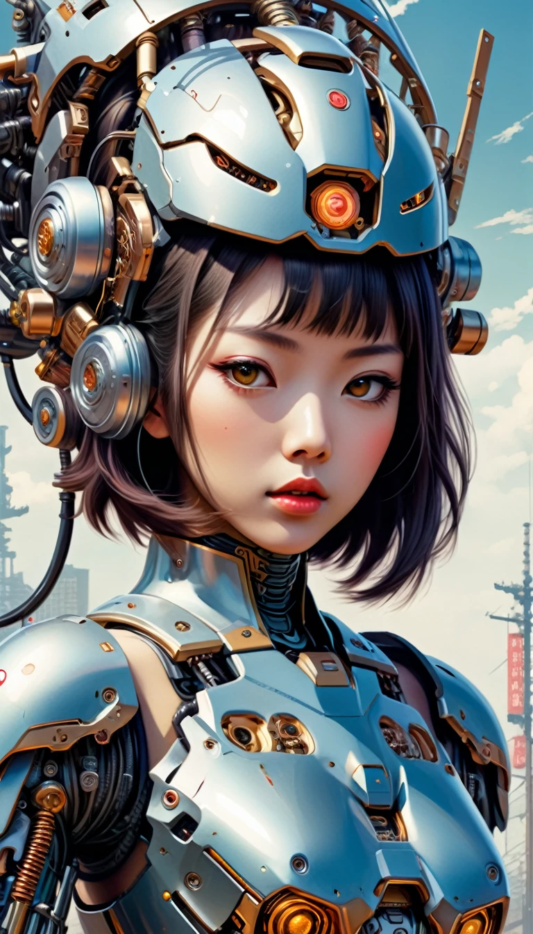 Intricate illustration in surrealist art style,mecha girl,Japanese women, Cyborg in Japanese culture style, full background