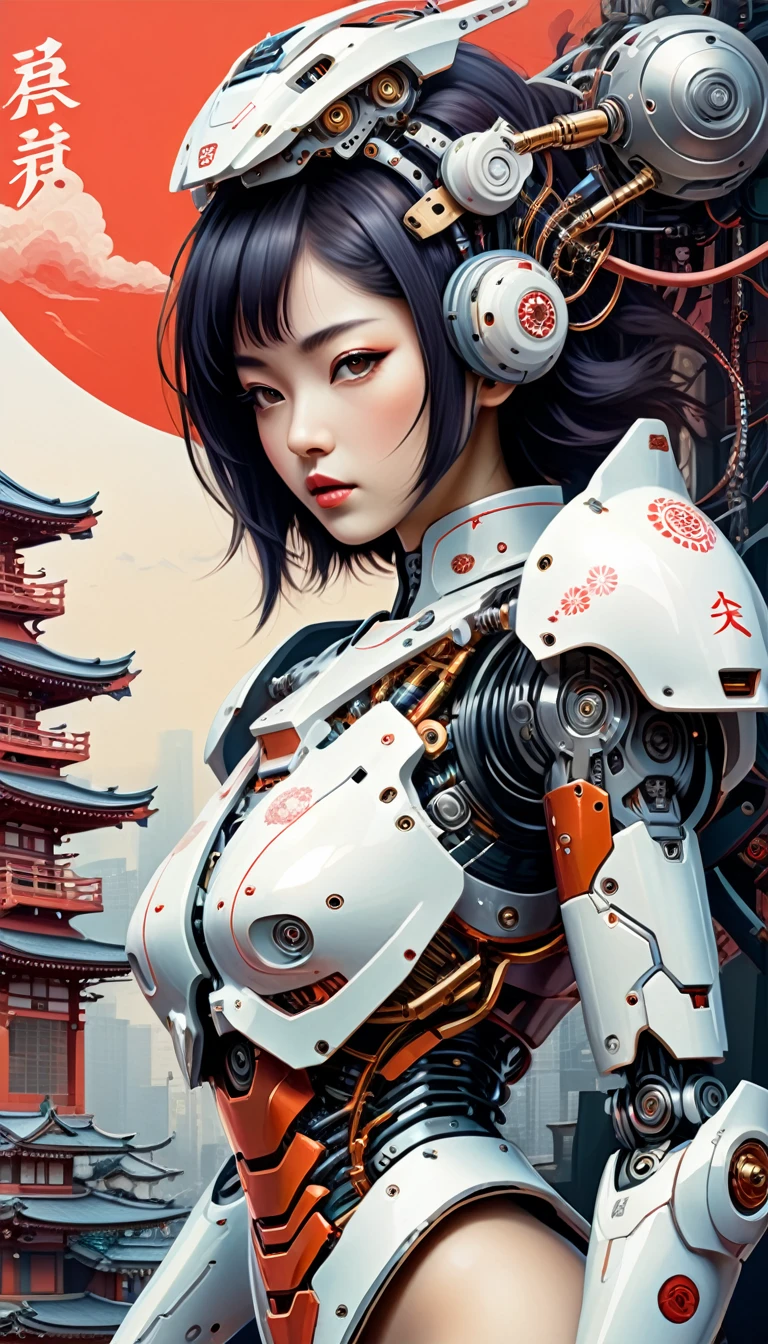 Intricate illustration in surrealist art style,mecha girl,Japanese women, Cyborg in Japanese culture style, full background