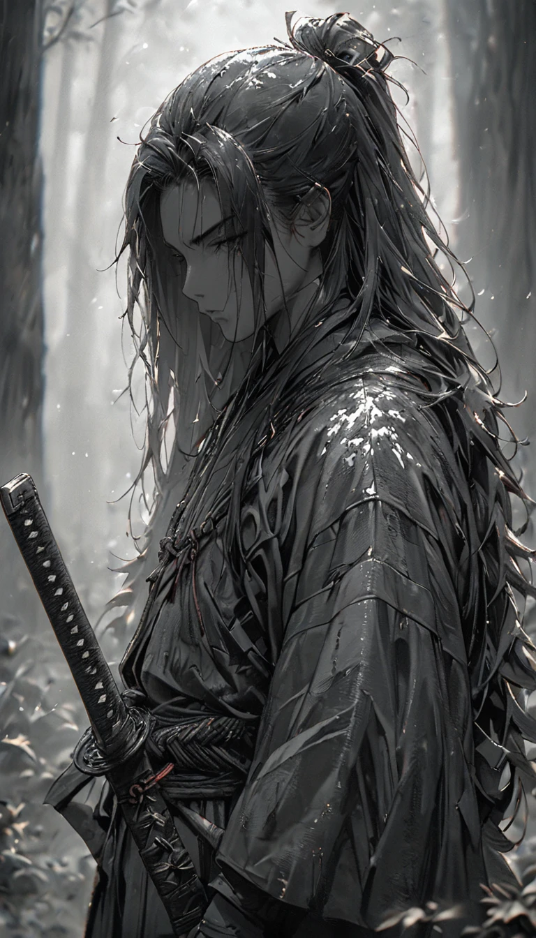 portrait, 1boy, solo, long hair, Japanese clothing, black clothing, samurai, (hakama), (holding weapon, katana), plain tree, sheath, shadow, ink painting, [[greyscale]], simple background, (windy), (masterpiece:1.2), best quality, super detailed, [cowboy shot], from side, DeepNegative_xl_v1