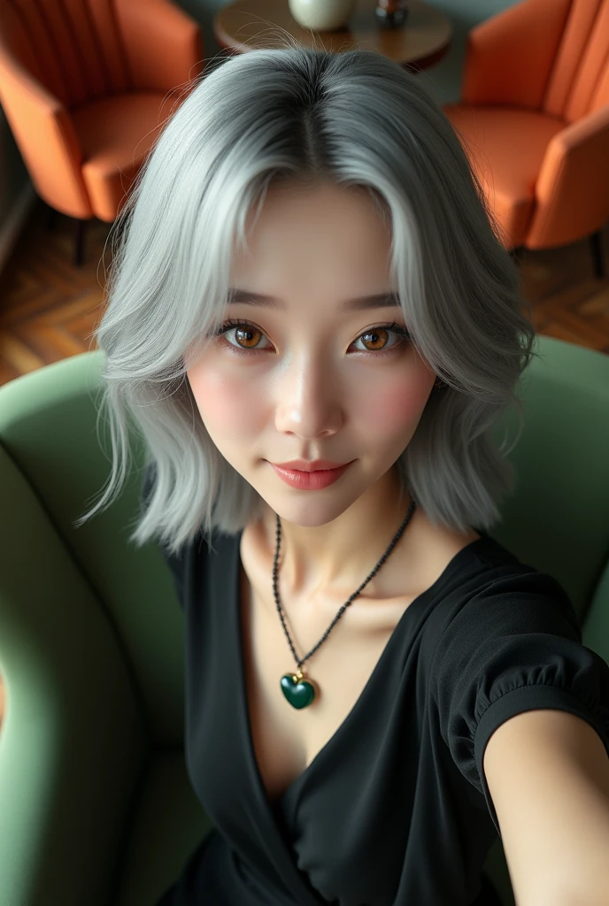 Beautiful Asian girl with fair skin, silver-haired, light, slightly red eyes, office clothes, heart shaped onyx necklace, in an office with parquet floor, a simple green armchair and another orange one with a small circular table between them, the girl is sitting in the green armchair and taking a selfie with a smile on the corner of her mouth