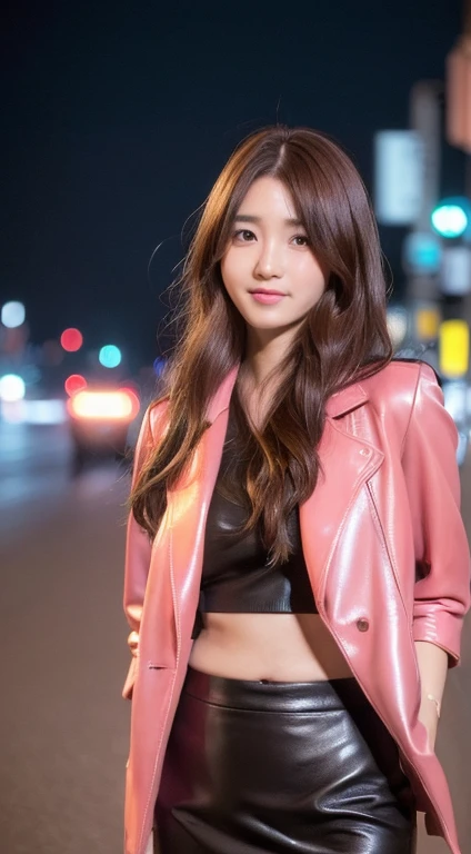 (((Yumikanoku))),((Highest quality, 8k, masterpiece :1.3)), One girl, smile, whole body, Slim face, Beautiful woman, (Dark brown hair), Leather pink suit,Pink Short Tight Skirt, Highly detailed face, Detailed eyes, double eyelid,  Bokeh Background, Slim face, City of night, Neon Light,outside, Tokyo Street,Japan