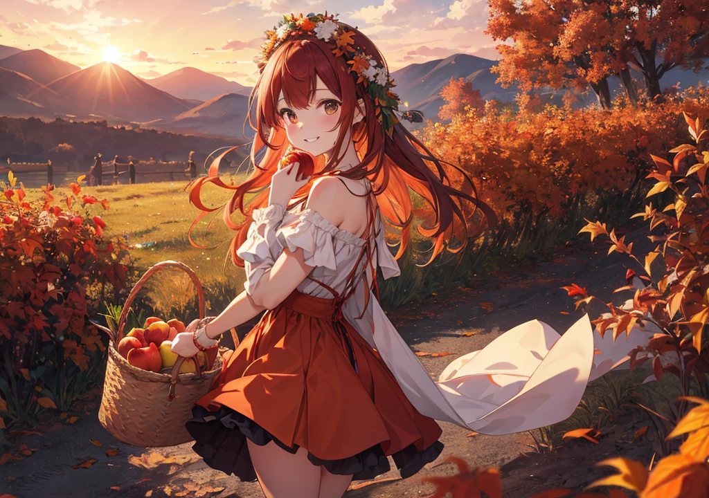 Realistic photos, Focus distance 10mm, Red and white, Beautiful girl, Realistic photos, Shooting at focus distance 10mm, masterpiece, 最high quality, high quality, Very detailed CG 8k wallpaper unit, Award-winning photography, Depth of written boundary, High resolution, bloom, chromatic aberration, Realistic, Very detailed, Art Station Trends, CGsociety Trends, Complex, High detail, dramatic, Art on the go, volumetric lighting, A beautiful girl is enjoying the Celtic autumn harvest festival with her red hair blowing in the wind. She is wearing an orange dress with traditional Celtic embroidery and a wreath made of autumn leaves and fruits on her head. In the background are mountains of freshly harvested pumpkins and grains, and villagers are gathered in the village square with smiles on their faces. She holds a basket full of apples in her hands and has a warm smile on her face. The sunset-tinted sky and colorful trees create a warm atmosphere for the festival, ireland