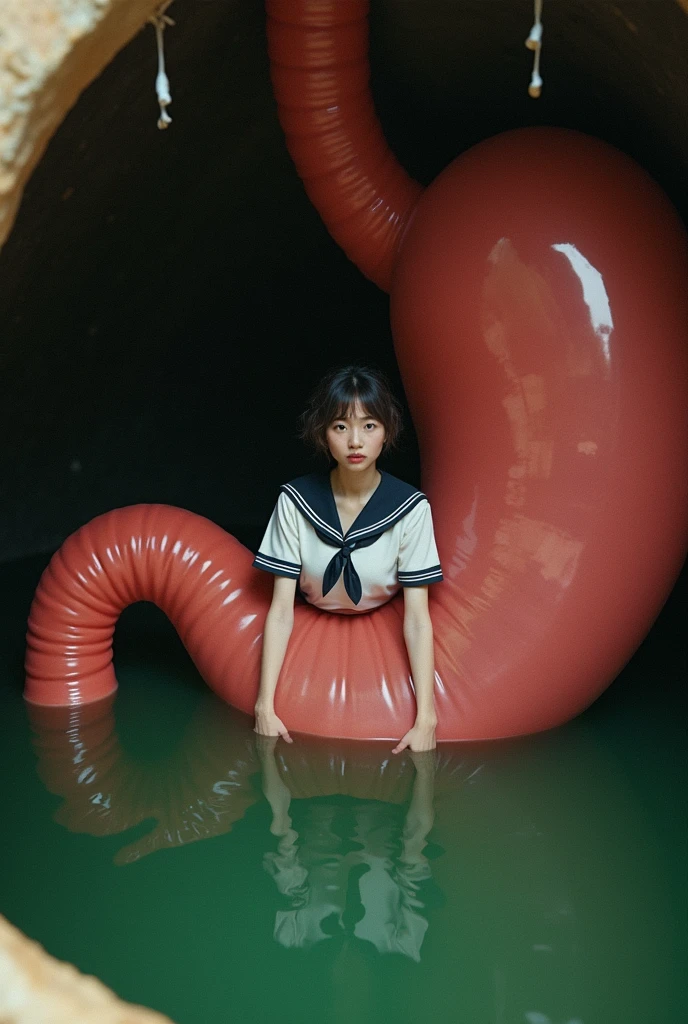internal huge stomach view like stomach endoscopy:: a japanese woman stay inside it, She sat for a while playing in the dark green water up to her waist,She wears school uniform, She scream