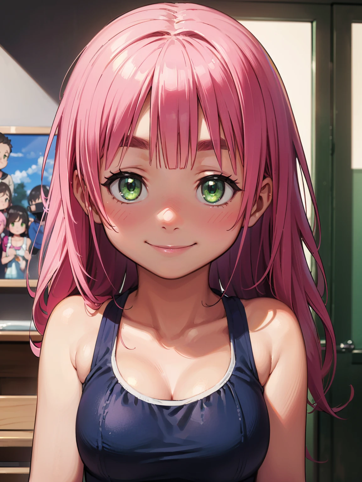 8K quality,(super masterpiece:1.3),Highest quality,Detailed Images,1 female,symmetrical beauty,10th Generation,Medium build,(smile,smile),(Pink Hair,Long Hair),(Thick eyebrows,Thick eyebrows),(Droopy eyes,Green Eyes,Green Eyes,Bright Eyes),(Large Breasts,F cupの胸),Tan Skin,(School Swimsuit),(Draw the whole body),(Face directly towards the camera,Looking directly at the viewer,looking at the camera,The body faces the viewer,The body is facing the direction of the camera,Face looking straight into the camera).