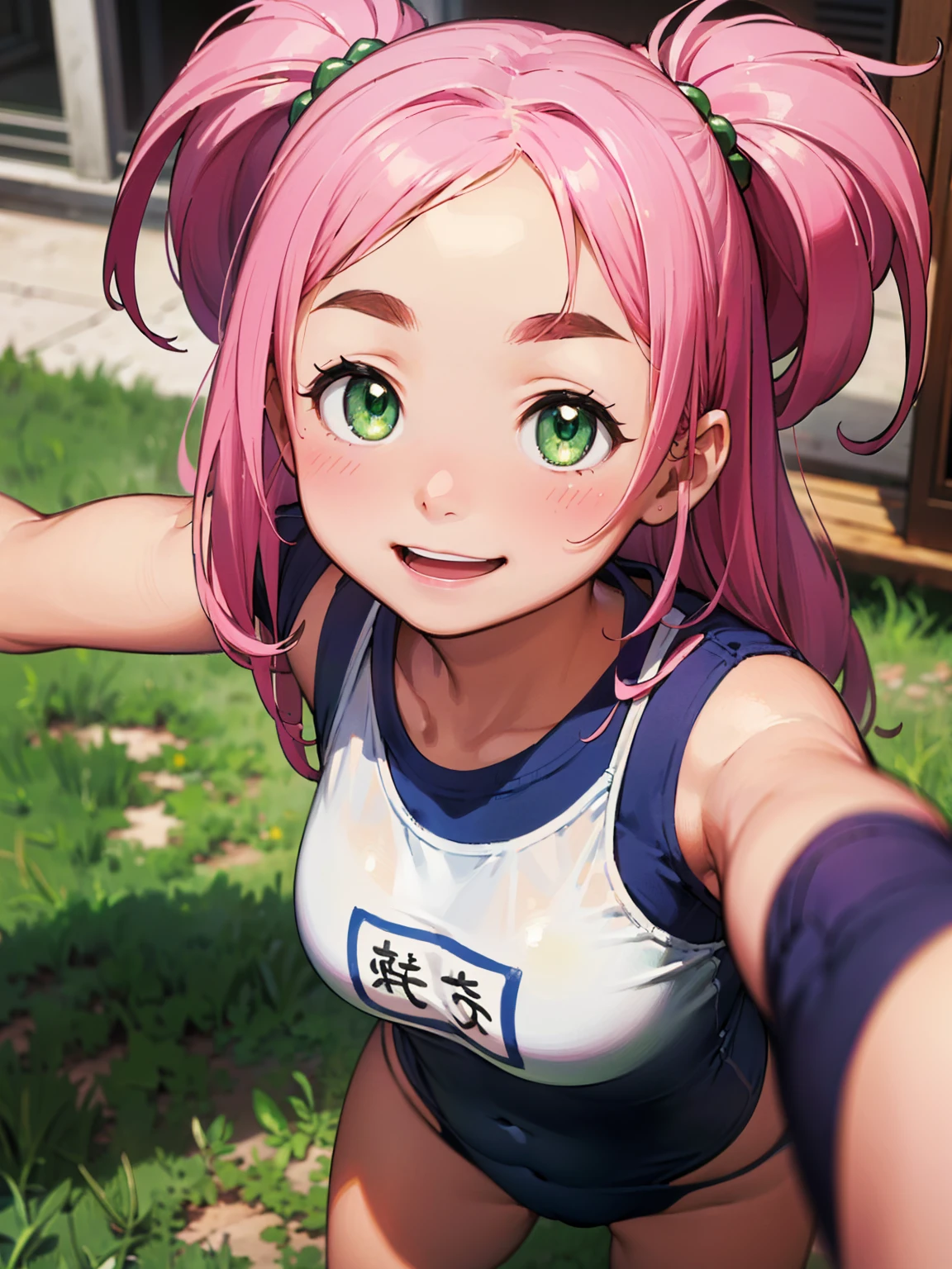 8K quality,(super masterpiece:1.3),Highest quality,Detailed Images,1 female,symmetrical beauty,10th Generation,Medium build,(smile,smile),(Pink Hair,Long Hair),(Thick eyebrows,Thick eyebrows),(Droopy eyes,Green Eyes,Green Eyes,Bright Eyes),(Large Breasts,F cupの胸),Tan Skin,(School Swimsuit),(Draw the whole body),(Face directly towards the camera,Looking directly at the viewer,looking at the camera,The body faces the viewer,The body is facing the direction of the camera,Face looking straight into the camera).