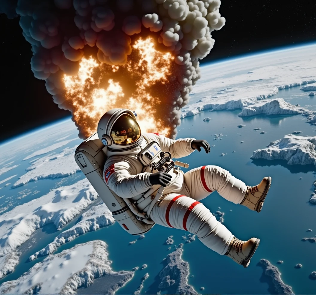 Cinematic dramatic Analog raw pro, Swiss astronaut the moon be hitten by, an astroid debris on fire, earth in the background void