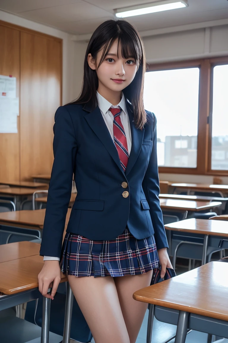 ((masterpiece)),(((Highest quality))),Thin thighs,Long legs,Girl standing at school,Red Tie Uniform,Dark Blue Blazer,Blue plaid skirt,18-year-old,amount,A small smile, Sexy panties, Random Pause，Beautiful woman，Slim girl，(I can see your pants)、