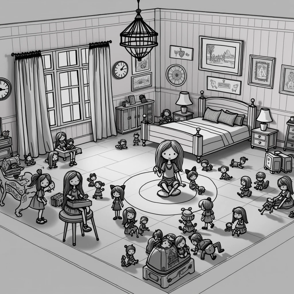 Create a fantasy illustration with watercolor technique, of a playing happily in her room with her dolls. the drawing should look like the comics. the illustration should look minimalist. Let the strokes be organic, imperfect as if a human had made them. Make the contour lines of the drawing as fine and thin as possible..