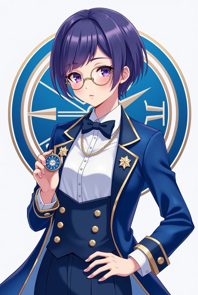 A young Idol with neat and elegant purple-blue hair. Wearing a European-style performance outfit in blue and white, stylized like a modern fashion model. Wearing gold monocle glasses and holding a sapphire blue pocket watch.
On the background is the Deus ex Machina logo with the symbol of a time-traveling clock. The main color is #e8b923.