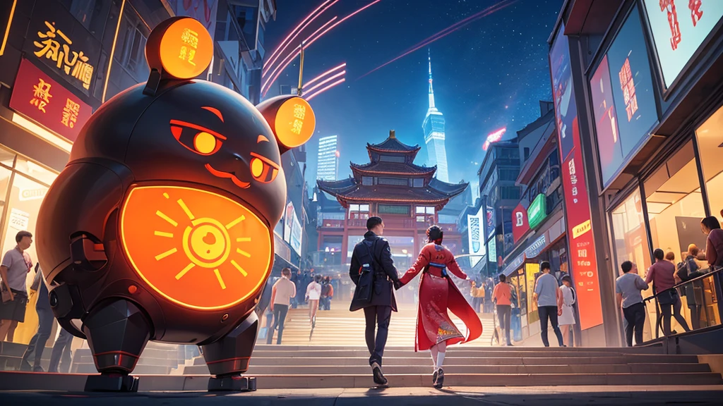A dynamic and visually captivating digital mascot that seamlessly blends the innovative spirit of the "Digital Maker Conference" with the unique cultural heritage and identity of Taishan. The mascot should have a design that creatively incorporates both modern technological elements and traditional Taishan motifs, patterns, or iconic landmarks. Key features could include a stylized robotic or cyborg-like figure with distinct Taishan design influences, such as traditional architectural details, auspicious symbols, or vibrant local colors. The mascot should convey a sense of creativity, technological prowess, and a strong connection to the Taishan region, effectively embodying the brand image and development strategy of the "Digital Maker Conference + Taishan" partnership.