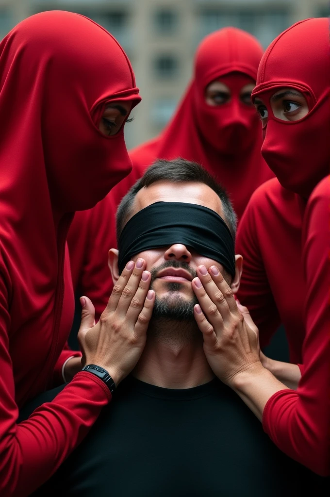 Some people in red masks put their hands on the face of a Man blindfolded with black cloth.