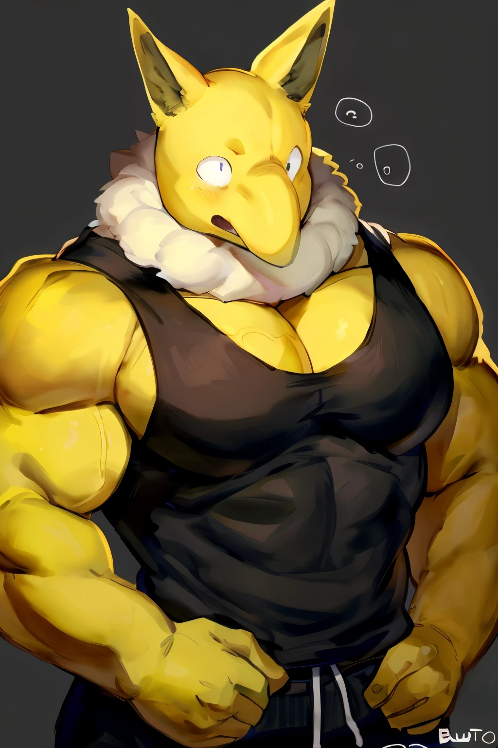 Furry, Anthro, solo, Hypno, Male, (((muscular body, massive male pectorals, flustered))), ((((yellow skin, massive biceps, fluffy neck, hands on face)))), ((((((wide-eyes, massive bulky torso)))))), naked, black/yellow spraypainted background, upper body shot, by buta99, by meesh, (((digital painting)))
