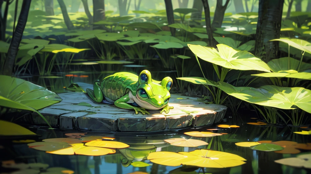 A little frog jumps out of a bright green pond. Among the rich forest