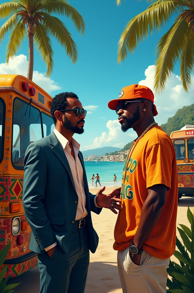 Hyperrealistic image Don Omar doing business with Tupac and bus in the Caribbean