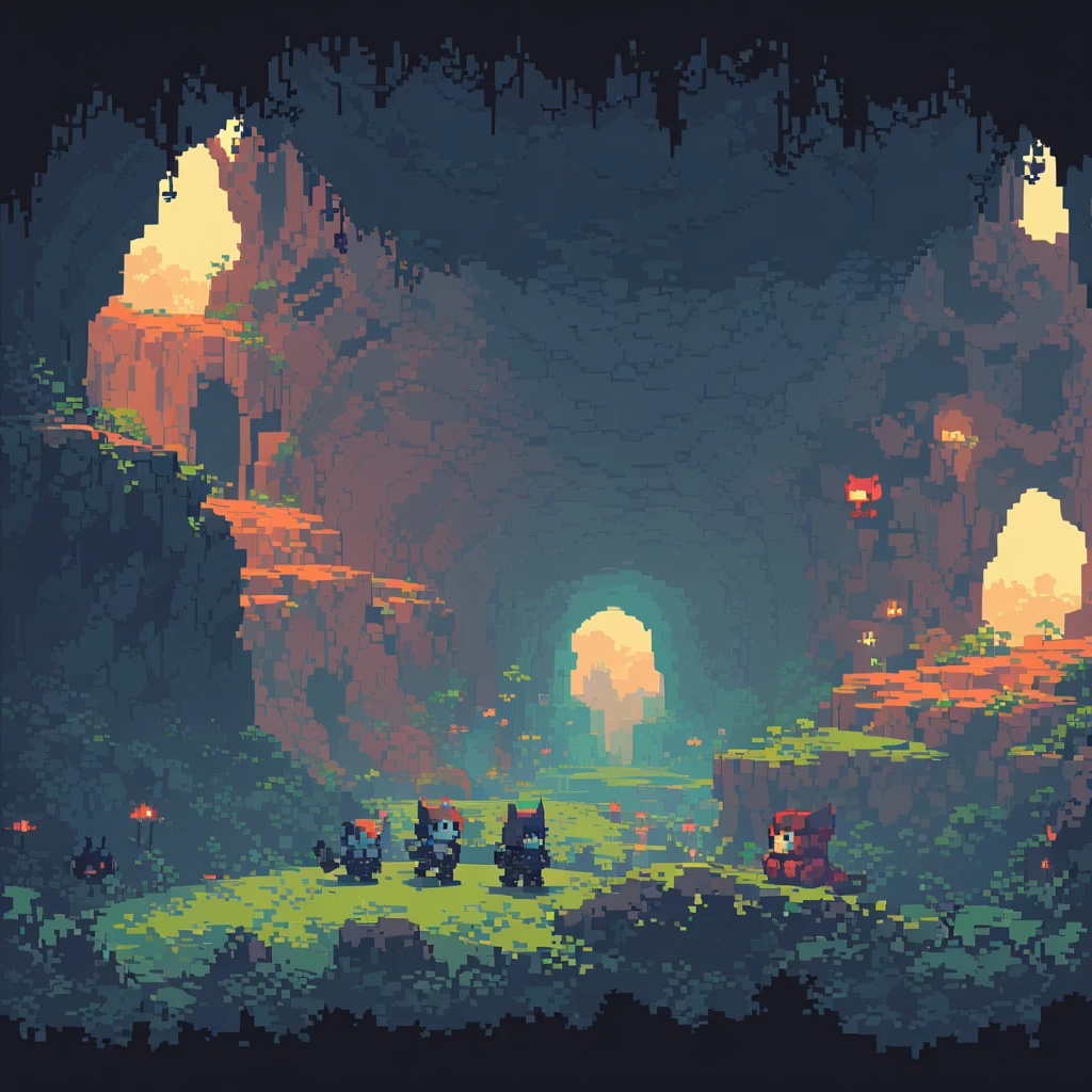 The prompt for generating a pixel art could be: "pixel art,(best quality, high resolution, detailed),(retro, nostalgic) colors,8-bit style,crisp lines and edges,small canvas,blocky pixels,limited color palette,low-fi graphics,dark colors,iconic pixel characters, inside cave, obscure, undead"