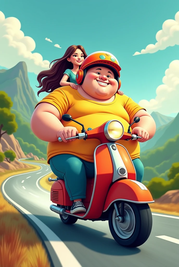 Fat guy carrying his beautiful girlfriend on a motorbike and wearing a cute helmet Cartoon photo