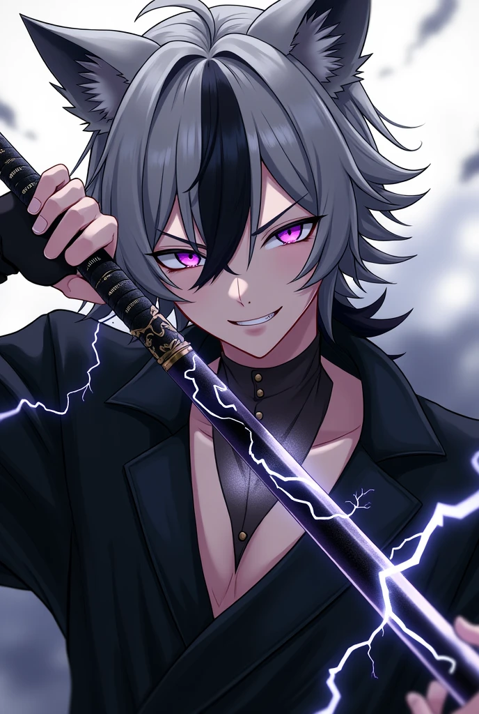 Create for me a character with monochrome, one eye is purple and the other is gray, his hair is gray with a small streak of black, he makes him smile with wolf fangs, the character is male and I want it in the anime style, now make him full body with the same outfit that appears there he has a katana he is holding it the katana is wrapped in black lightning he has wolf ears and also has monochrome 