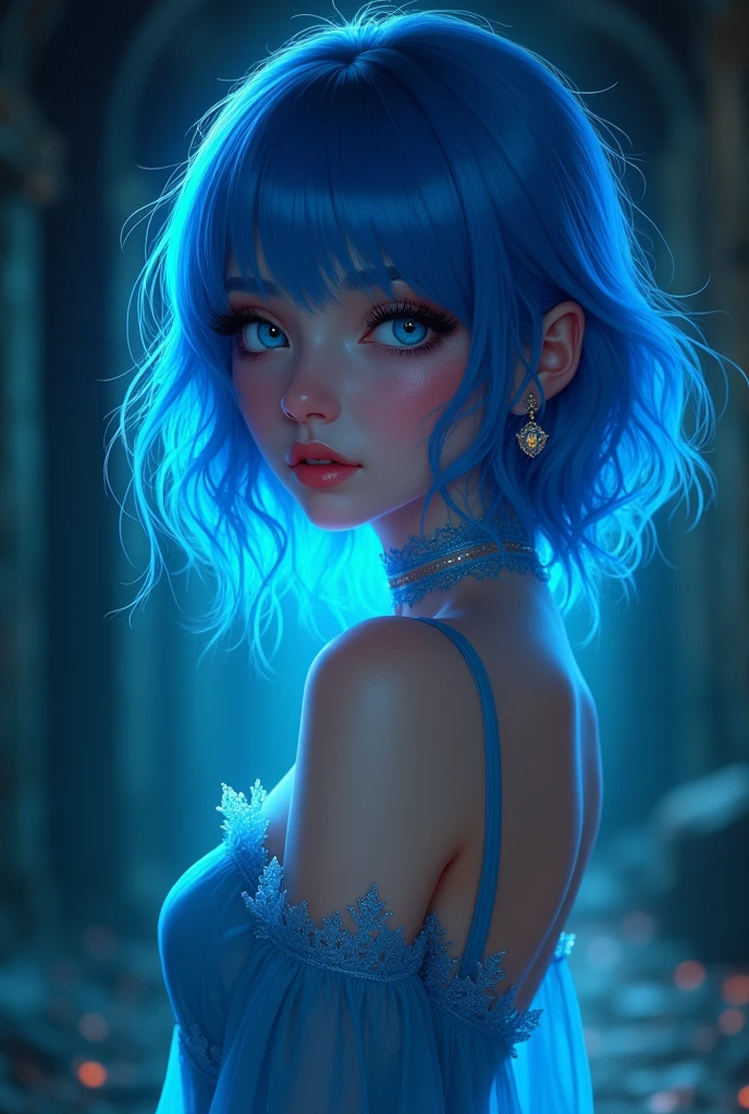 A lofi girl with striking blue hair, intricate features, piercing eyes, and glowing skin. posing in modern style, She wears a radiant blue strap dress, adorned with delicate jewelry, standing in a dimly lit dungeon, bathed in soft, ethereal light, by amrit835