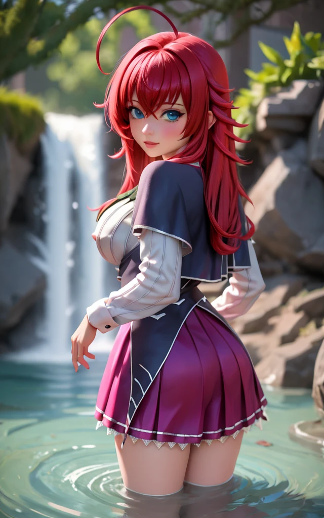((masterpiece, best quality)), insaneres, absurdres, solo, looking at viewer, ANIME_DxD_Rias_Gremory_ownwaifu, 1girl, bangs, long hair, red hair, breasts, large breasts, rias gremory, blue eyes, hair between eyes, very long hair, collarbone, hair intakes, hair over breasts, black capelet, black corset, collared shirt, kuoh academy school uniform, layered skirt, underbust, school uniform, skirt, shirt, long sleeves, purple skirt, ribbon, miniskirt, neck ribbon, thighhighs, black ribbon, (wading, looking back), waterfall, depth of field, vanishing point, garden, sidelighting,