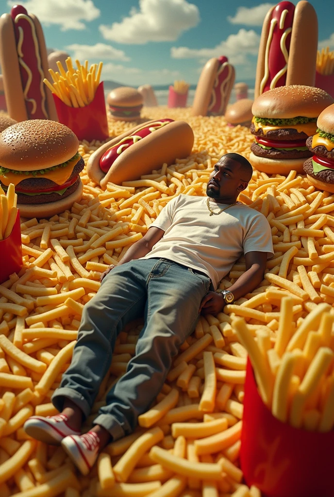 Kanye West lying on some fries in a world of hamburgers, hot dogs with lots of ketchup 