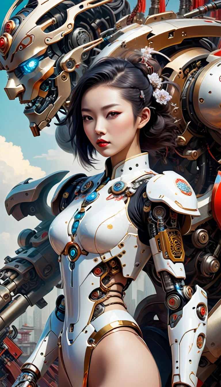 Intricate illustration in surrealist art style,mecha girl,Chinese woman, Cyborg in Chinese culture style, full background