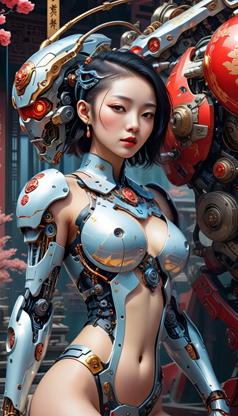 Intricate illustration in surrealist art style，mecha girl，Chinese woman, Cyborg in Chinese culture style, full background