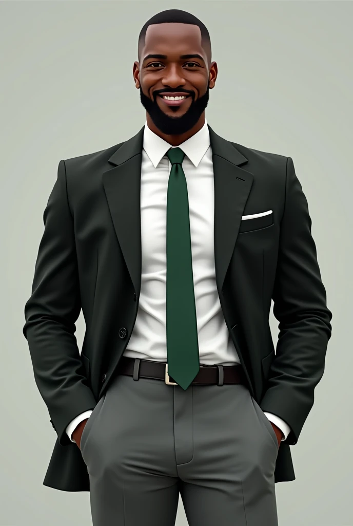 Black man with white dress shirt, black blazer, green tie and gray pants 