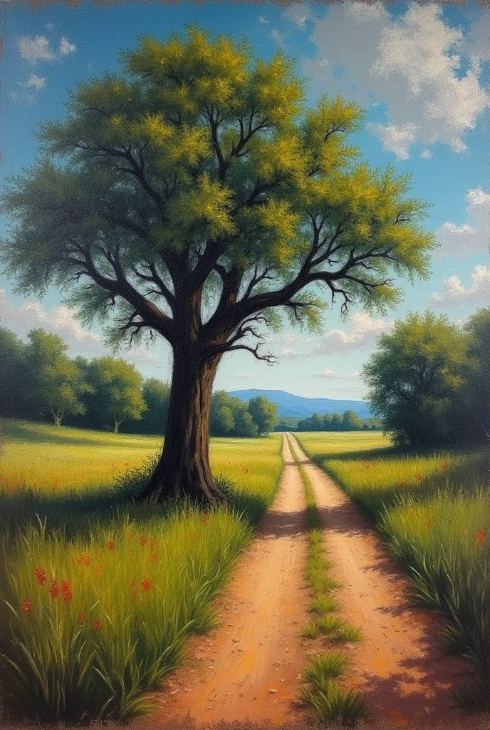Oak near rail way, oil painting in style of Rufino Tamayo