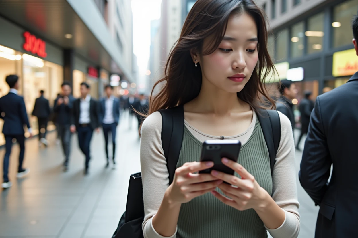 A woman is walking down the street and looking at her mobile phone, She has a smartphone, Portrait of a Japan teenager, Check your phone, a 若いAsian Woman, Check your phone, young asian girl, 若いAsian Woman, Pale young woman with text, Shutterstock, Korean Girls, Long haired asian girl, Korean women, Asian Woman