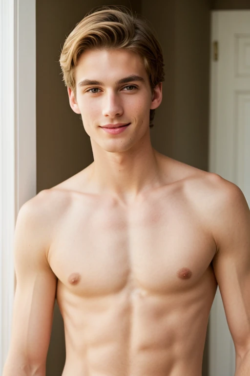 young, Beautiful, handsome, white, skinny, soft skin, beautiful face, shirtless, with a grandmother who knits clothes
