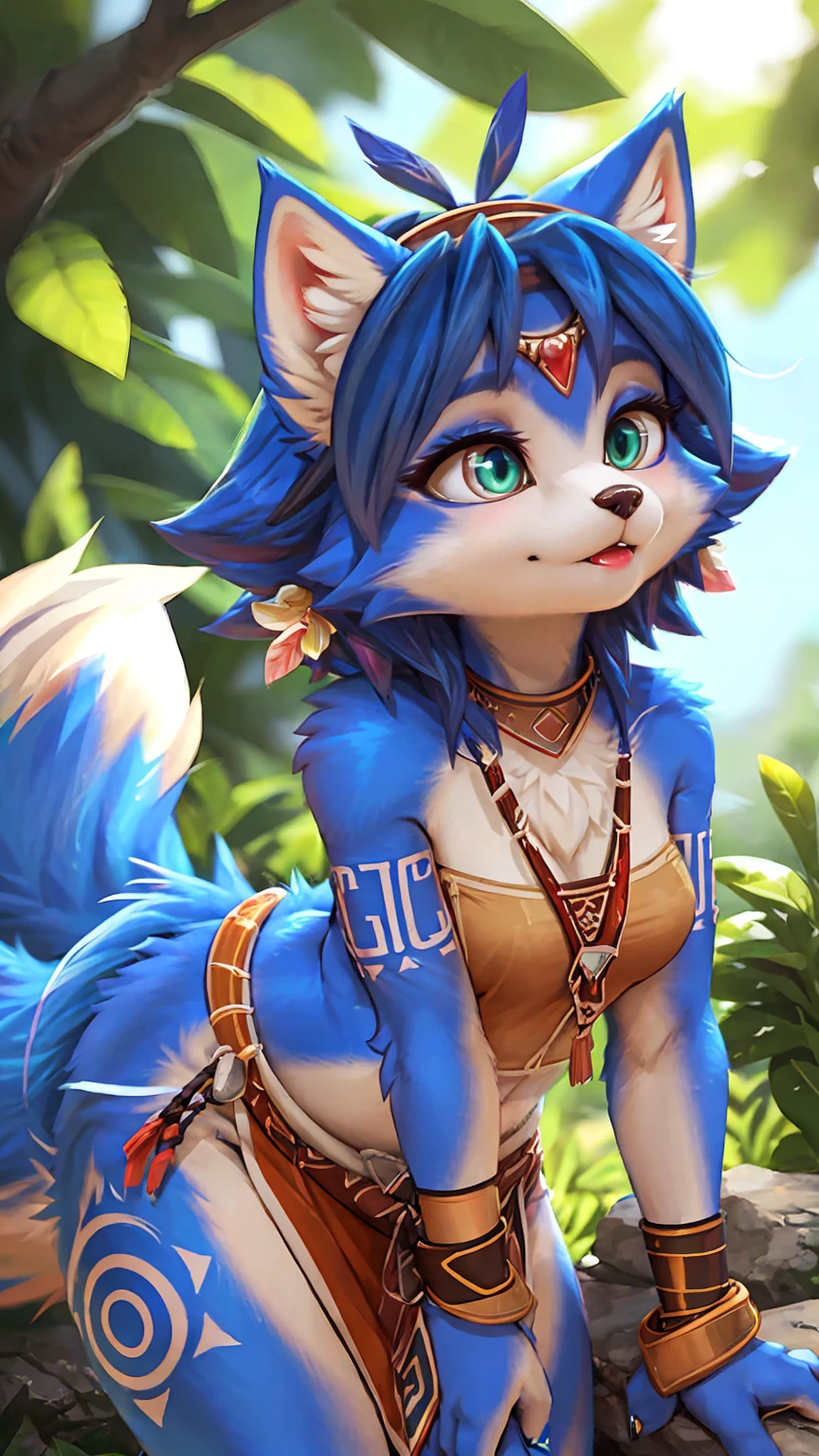 A beautiful and detailed (sweet portrait) wa ((krystal)), Star Fox krystal, sslim, lovable, green eyes, medium breasts, (((Long blue hair 1.3))),  ((Tips for black hair)), look up,, anthro, furry, Uploaded E621, detailed fluffy fur, (wa Fluff-Kevlar, Bayard Wu, personalize me, Pino Daeni), detailed face, (fluffy), 1 girl, alone,  Tribal clothing, sweet girl, 
