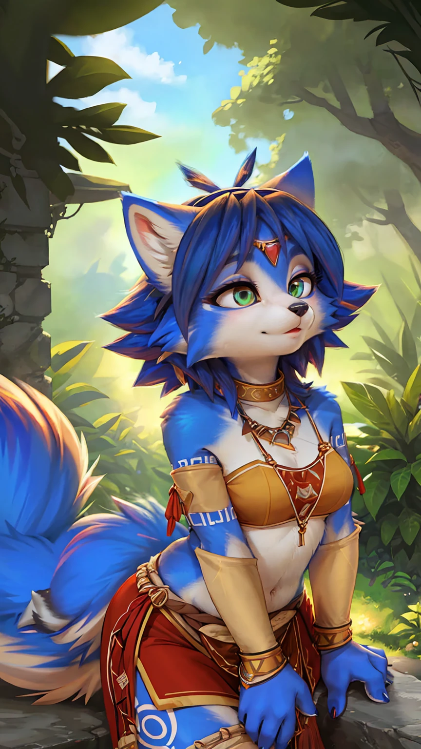 A beautiful and detailed (sweet portrait) wa ((krystal)), Star Fox krystal, sslim, lovable, green eyes, medium breasts, (((Long blue hair 1.3))),  ((Tips for black hair)), look up,, anthro, furry, Uploaded E621, detailed fluffy fur, (wa Fluff-Kevlar, Bayard Wu, personalize me, Pino Daeni), detailed face, (fluffy), 1 girl, alone,  Tribal clothing, sweet girl, 
