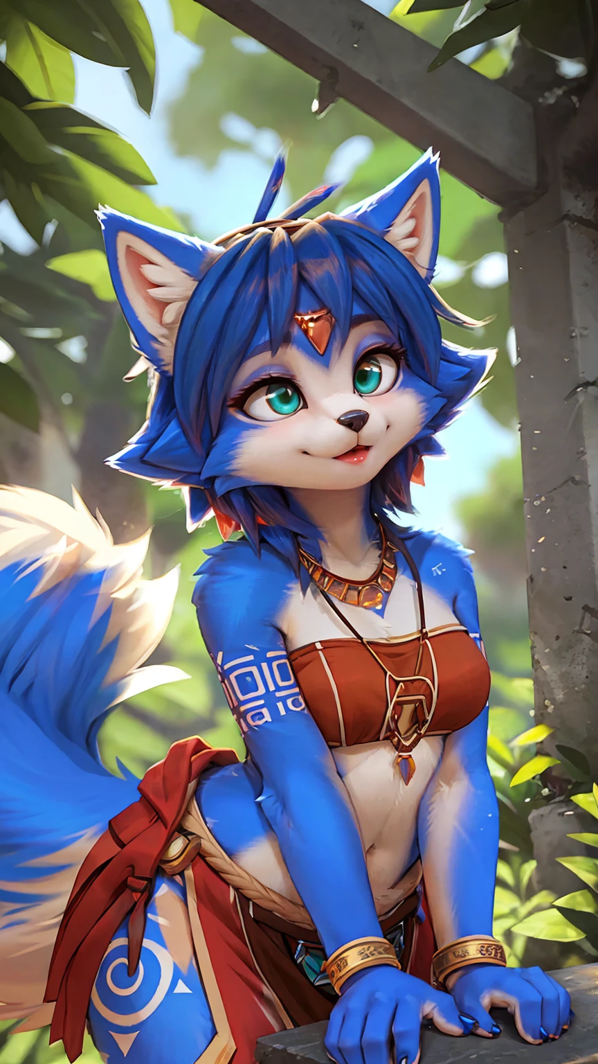 A beautiful and detailed (sweet portrait) wa ((krystal)), Star Fox krystal, sslim, lovable, green eyes, medium breasts, (((Long blue hair 1.3))), ((Tips for black hair)), look up,, anthro, furry, Uploaded E621, detailed fluffy fur, (wa Fluff-Kevlar, Bayard Wu, personalize me, Pino Daeni), detailed face, (fluffy), 1 girl, alone, Tribal clothing, sweet girl,