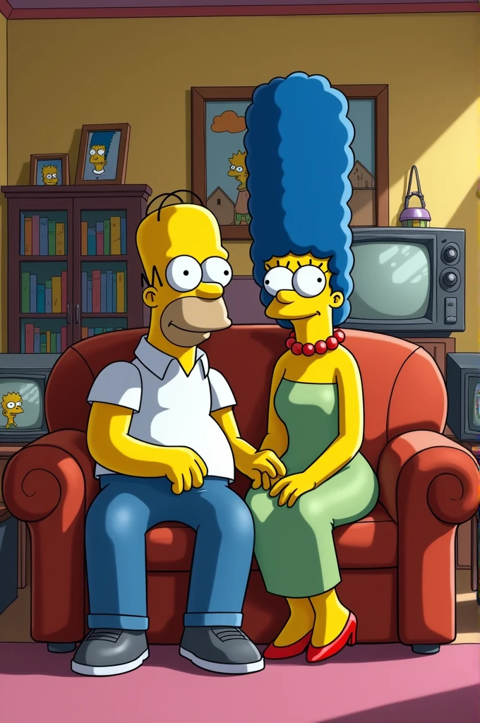 Man and woman sitting on the simpsons couch