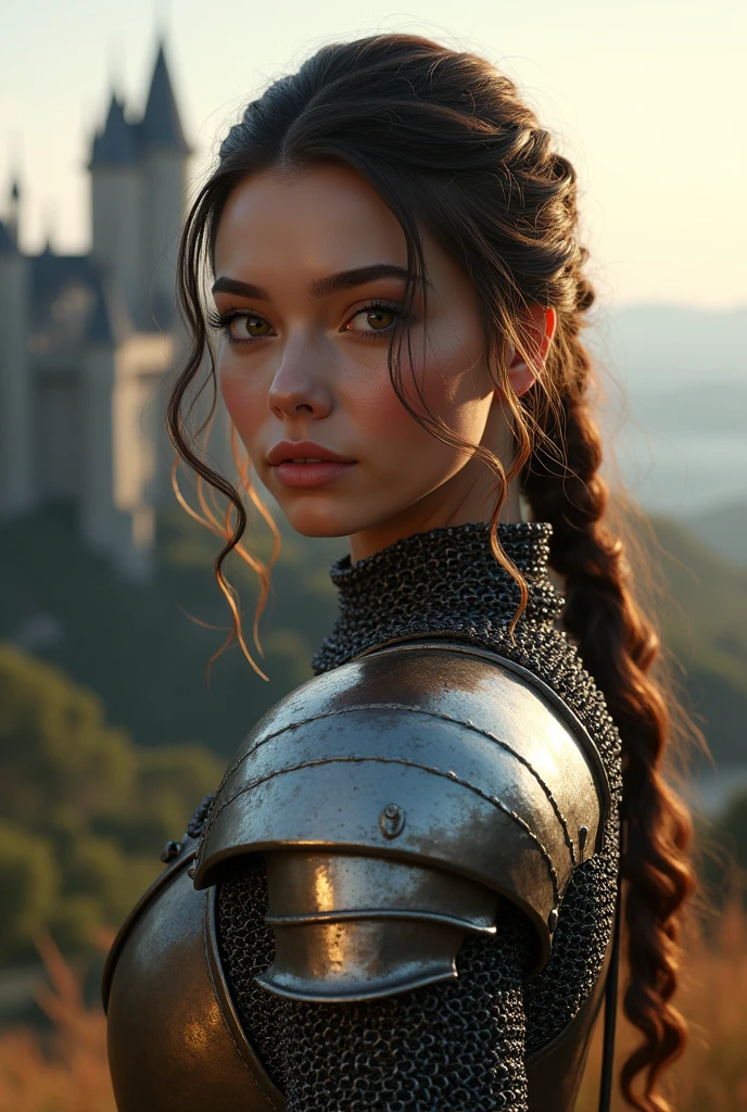 (masterpiece), (extremely intricate:1.3), (realistic), portrait of a girl, the most beautiful in the world, (medieval armor), metal reflections, upper body, outdoors, intense sunlight, far away castle, professional photograph of a stunning woman detailed, sharp focus, dramatic, award winning, cinematic lighting, octane render  unreal engine,  volumetrics dtx, (film grain, blurry background, blurry foreground, bokeh, depth of field, sunset, motion blur:1.3), chainmail