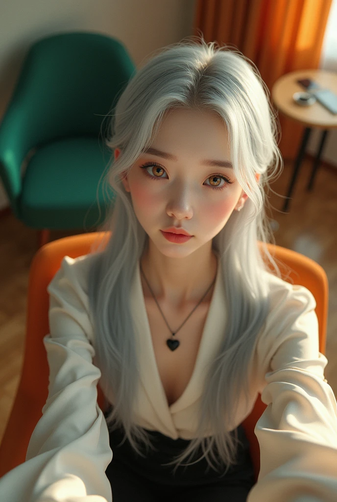 Beautiful Asian girl with fair skin, long silver hair, light, slightly red eyes, office clothes, heart shaped onyx necklace, in an office with parquet floor, a simple green armchair and another orange one with a small circular table between them, the girl is sitting in the green armchair and taking a selfie with a smile on the corner of her mouth, realisitic